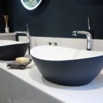 4. Two Breeze bowls painted in Farrow & Ball Hague Blue. hansgrohe AXOR Citterio E tall basin mixers.