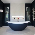 6. The showstopper. The Breeze natural stone freestanding bath from Waters Baths of Ashbourne. Painted Hague Blue from Farrow & Ball.