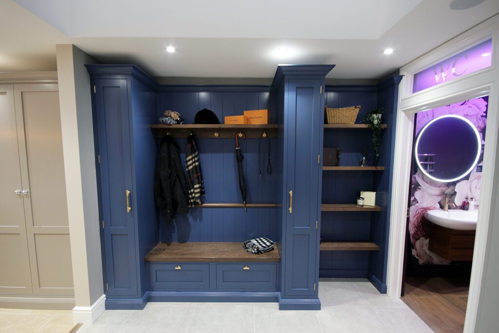 A bootroom painted in Stiffkey Blue