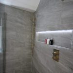 15. This shower has both an overhead shower and a handshower on a riser rail.