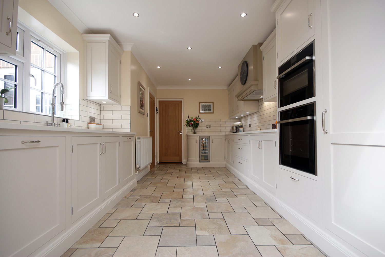 A large galley style kitchen.