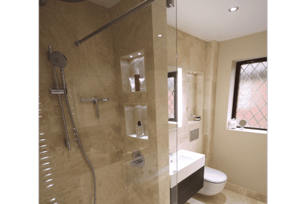 Main bathroom with steam shower and whirlpool bath