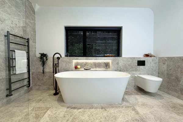 Silver grey limestone bathroom with hansgrohe AXOR brushed black chrome (2)